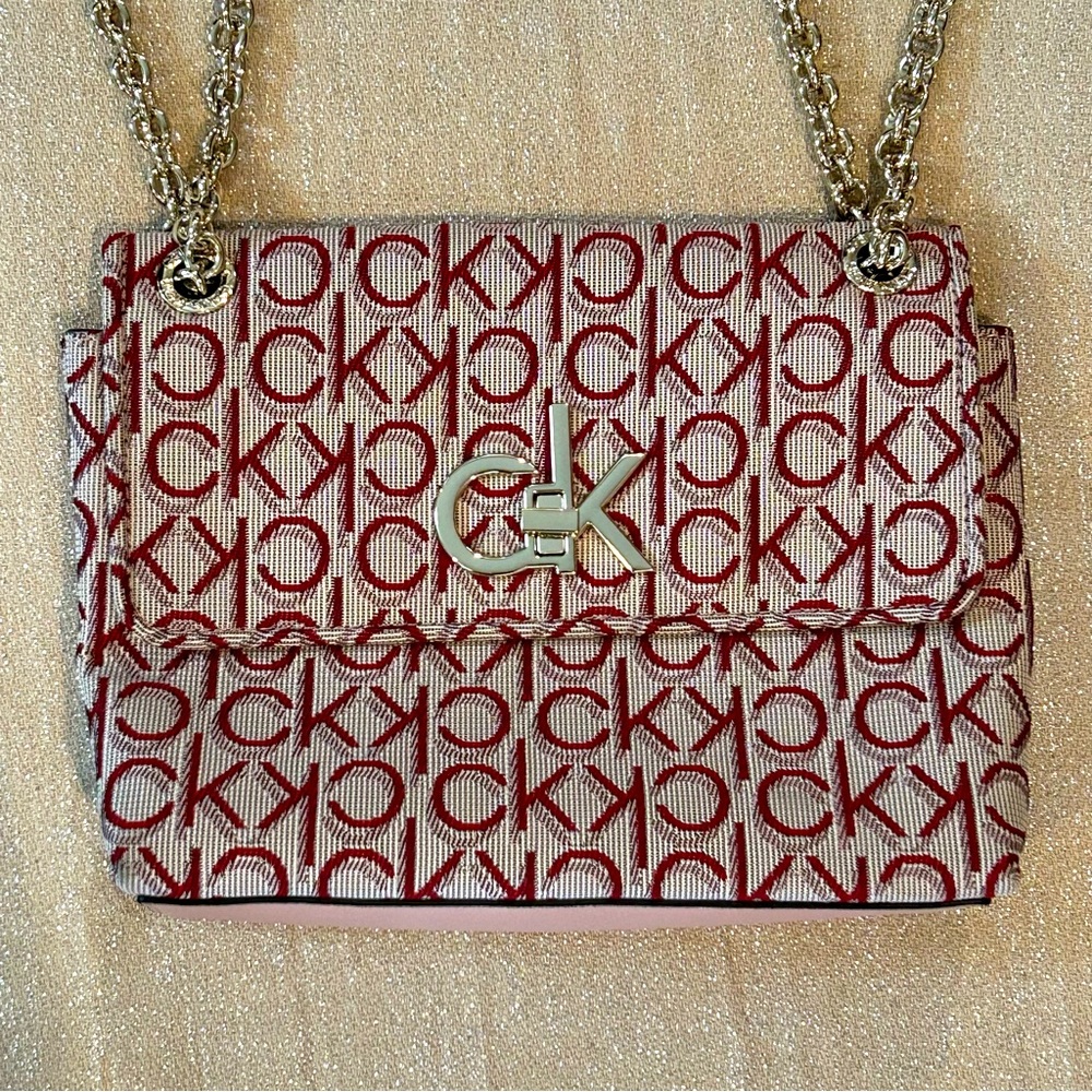Calvin Klein taupe and red logo cross body bag